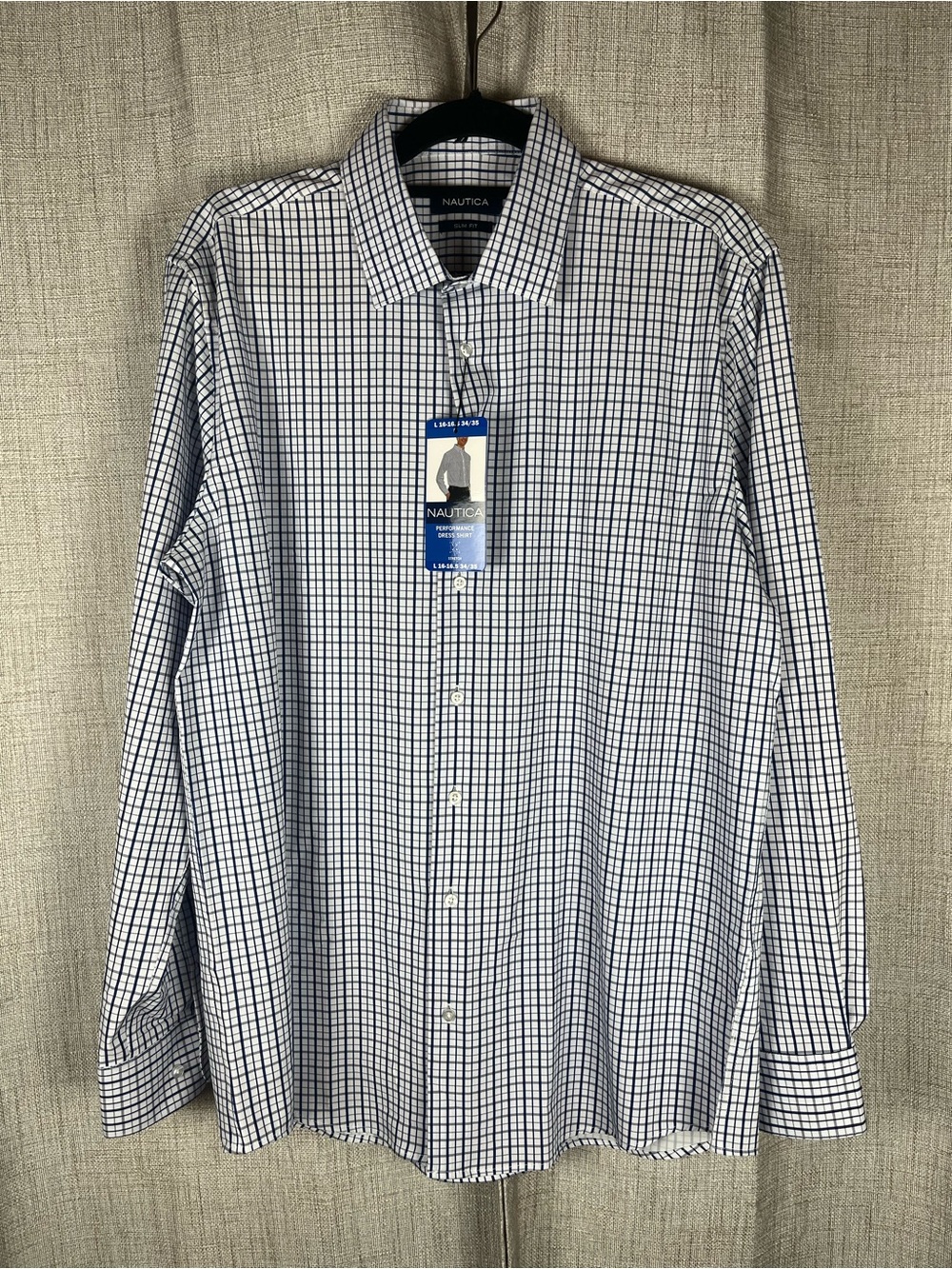 NAUTICA Men's Slim Fit Performance Dress Shirt Blue Large Plaid Stretch NWT
